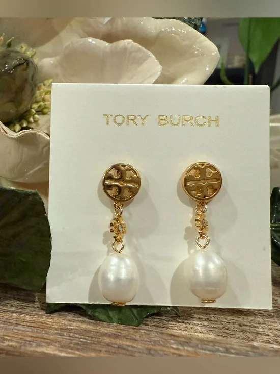 Tory Burch Gold Logo Drop Earrings with White Pearls - Picture 1 of 1